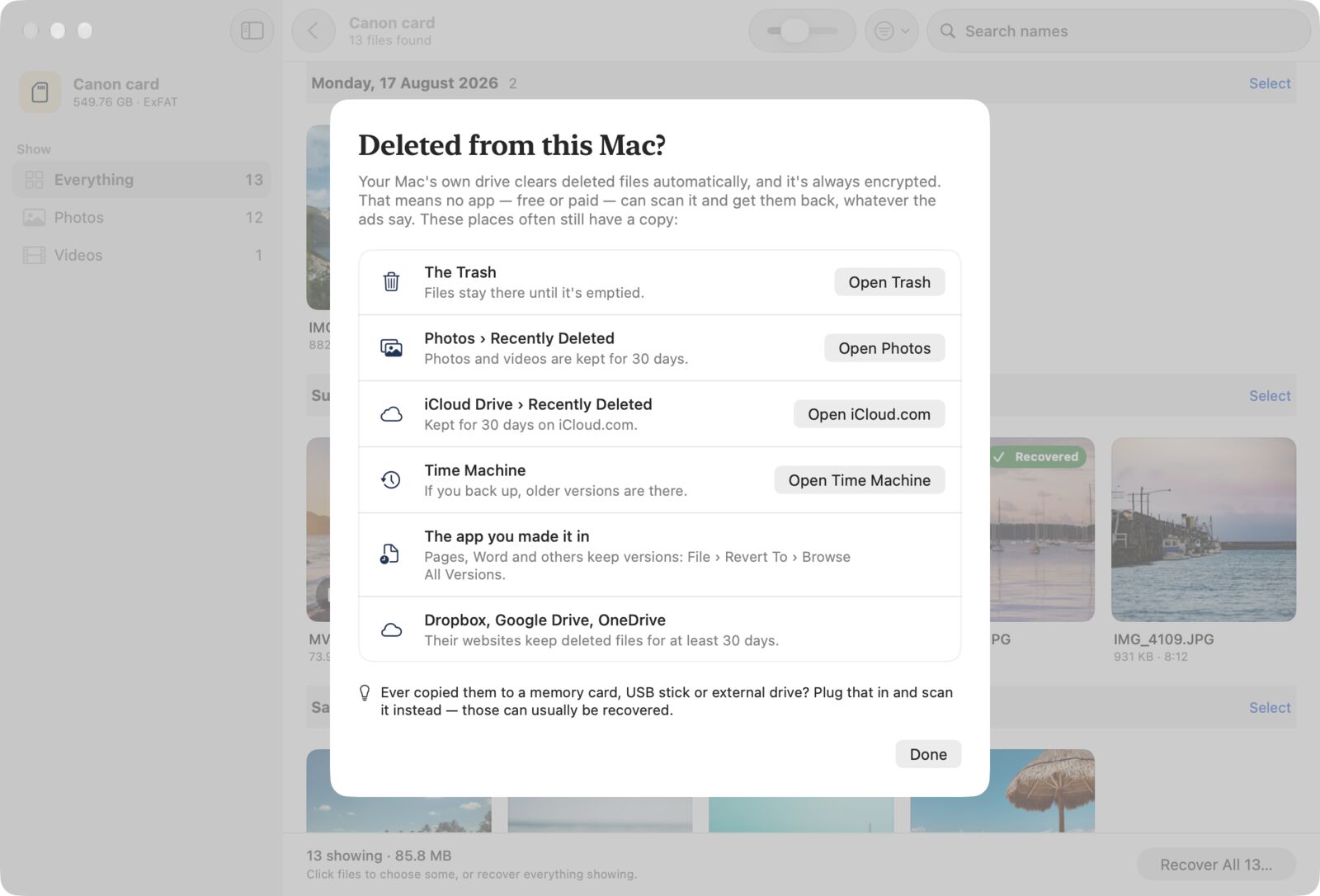 Found Again listing places a file deleted from a Mac may still be: the Trash, Photos, iCloud Drive, Time Machine, the app it was made in, and cloud services