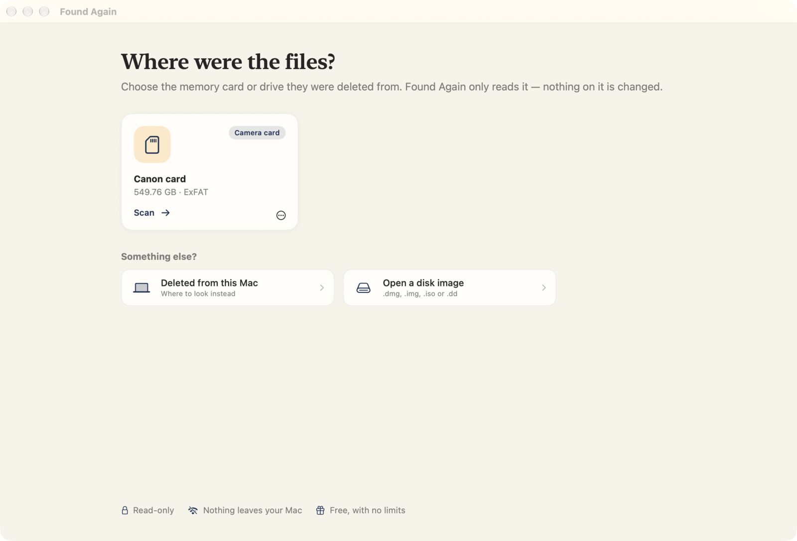 Found Again asking where the files were, with a Canon camera card listed and ready to scan