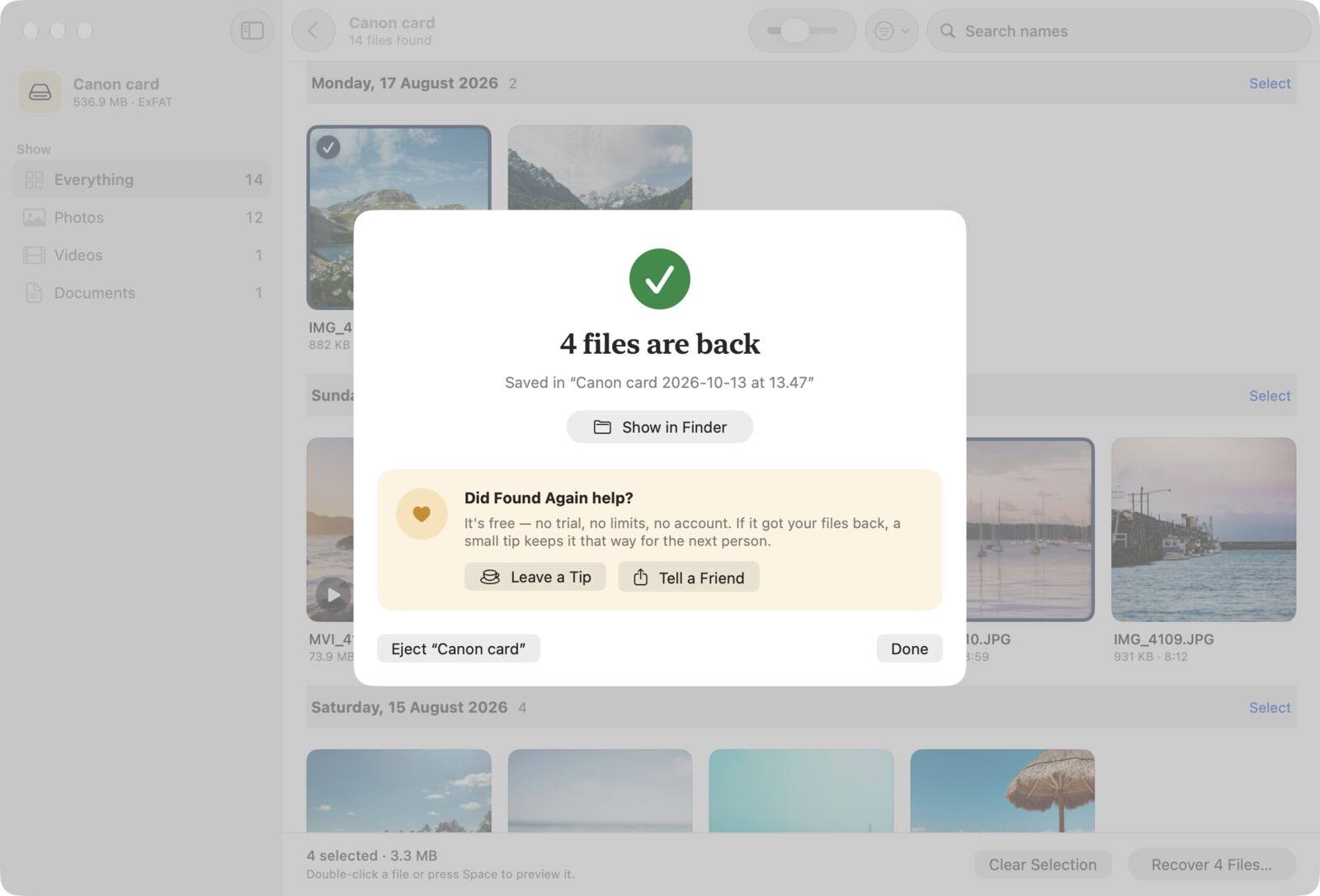 The Found Again success screen: 4 files are back, with Show in Finder, and an optional Leave a Tip button
